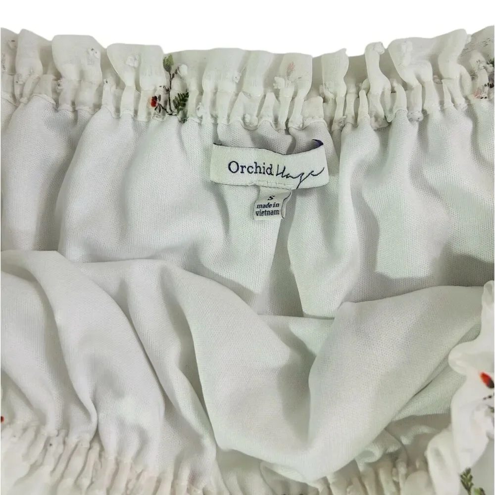 Orchid Haze Floral Off Shoulder Top Sheer Swiss Dot Puff Sleeve White Size S - Picture 5 of 6